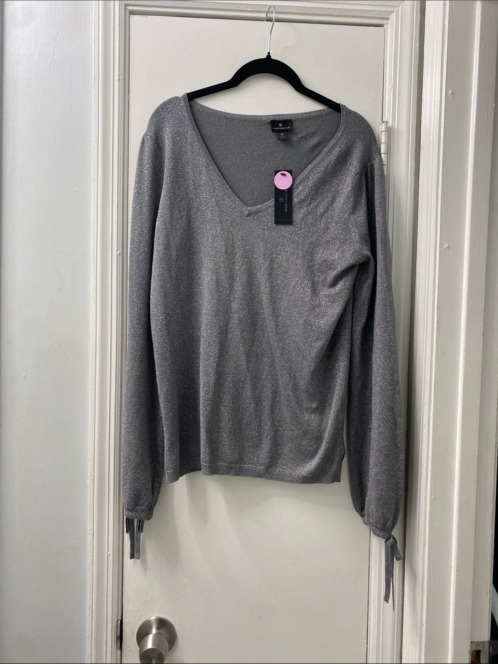 Worthington Silver Glitter V-Neck Tie-Cuff Sweater